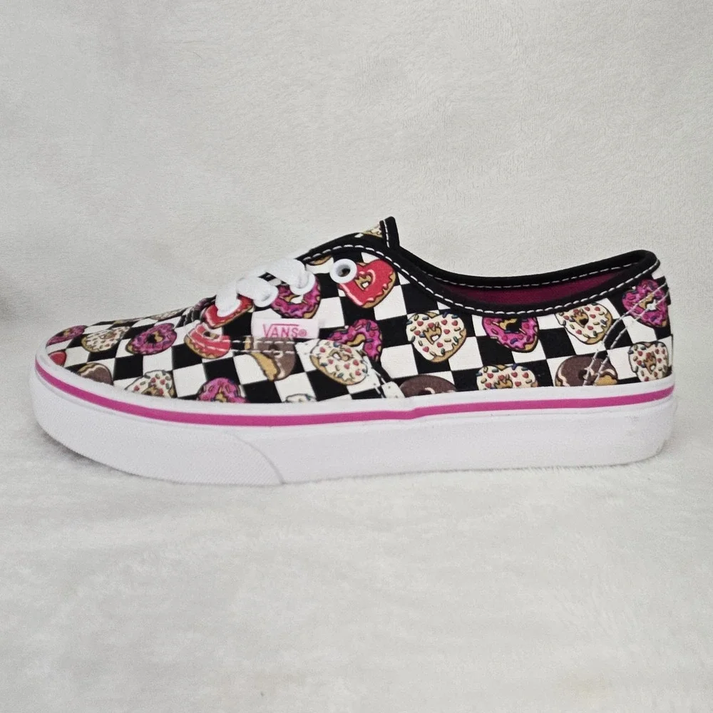 Vans Shoes Kids 3 Black White Pink Donut Heart Checkerboard Low Top Skater